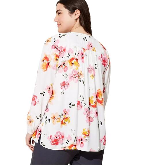 Beautiful LOFT Blossom Shirred Split Neck Blouse, Floral, Flattering, Career, 16 - Picture 3 of 9